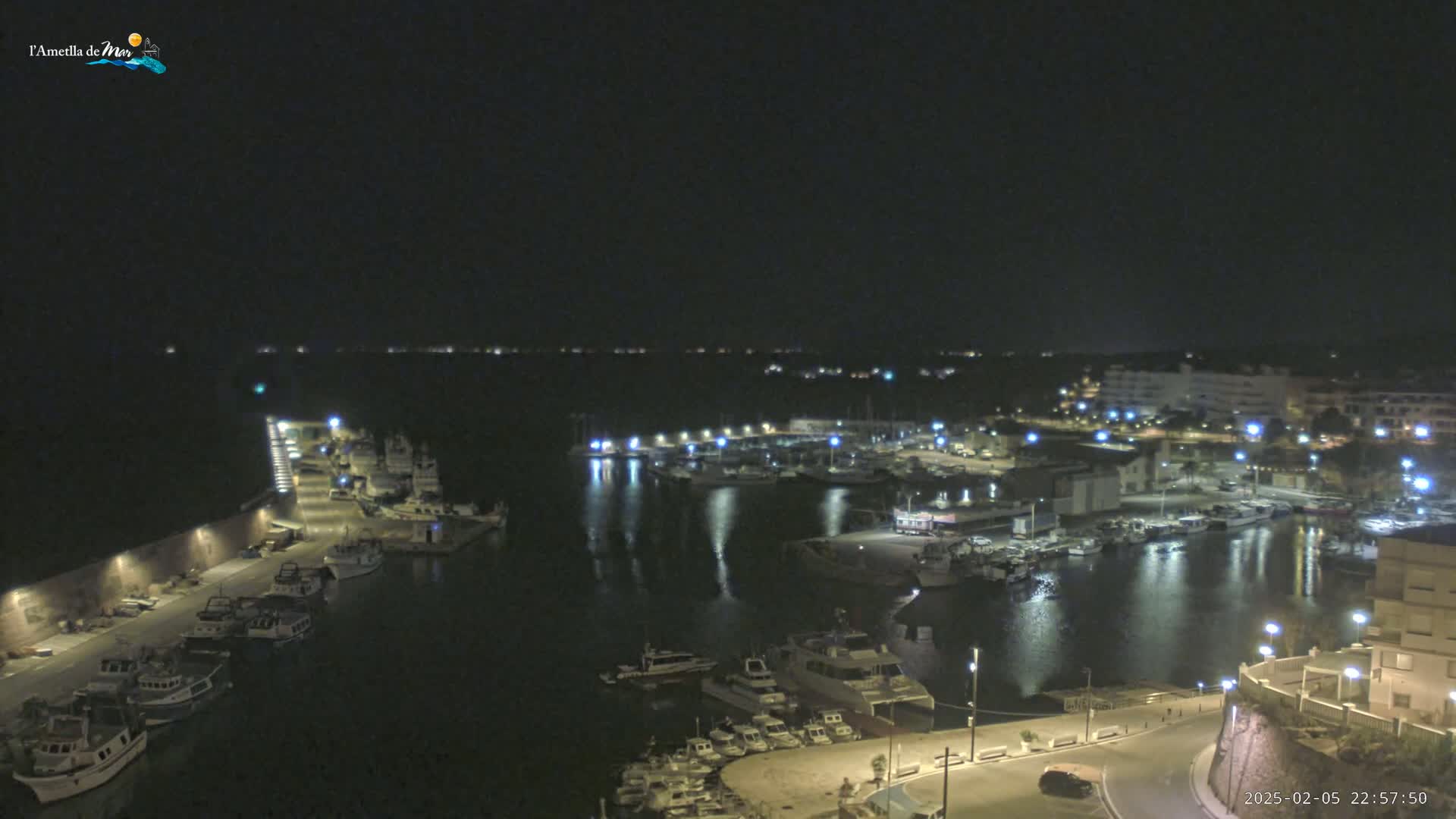 A nighttime, aerial view of a harbor filled with boats, illuminated by streetlights and building lights, under a clear, dark sky.