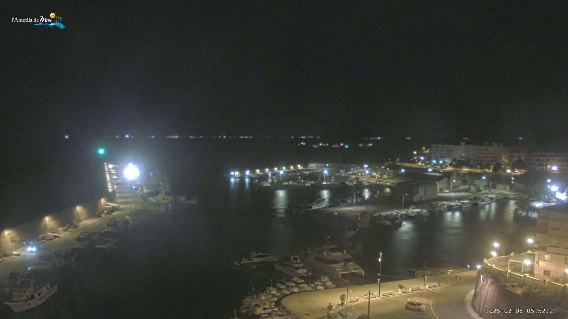 A nighttime aerial view of a harbor filled with boats, illuminated by streetlights and building lights, under a clear, dark sky.