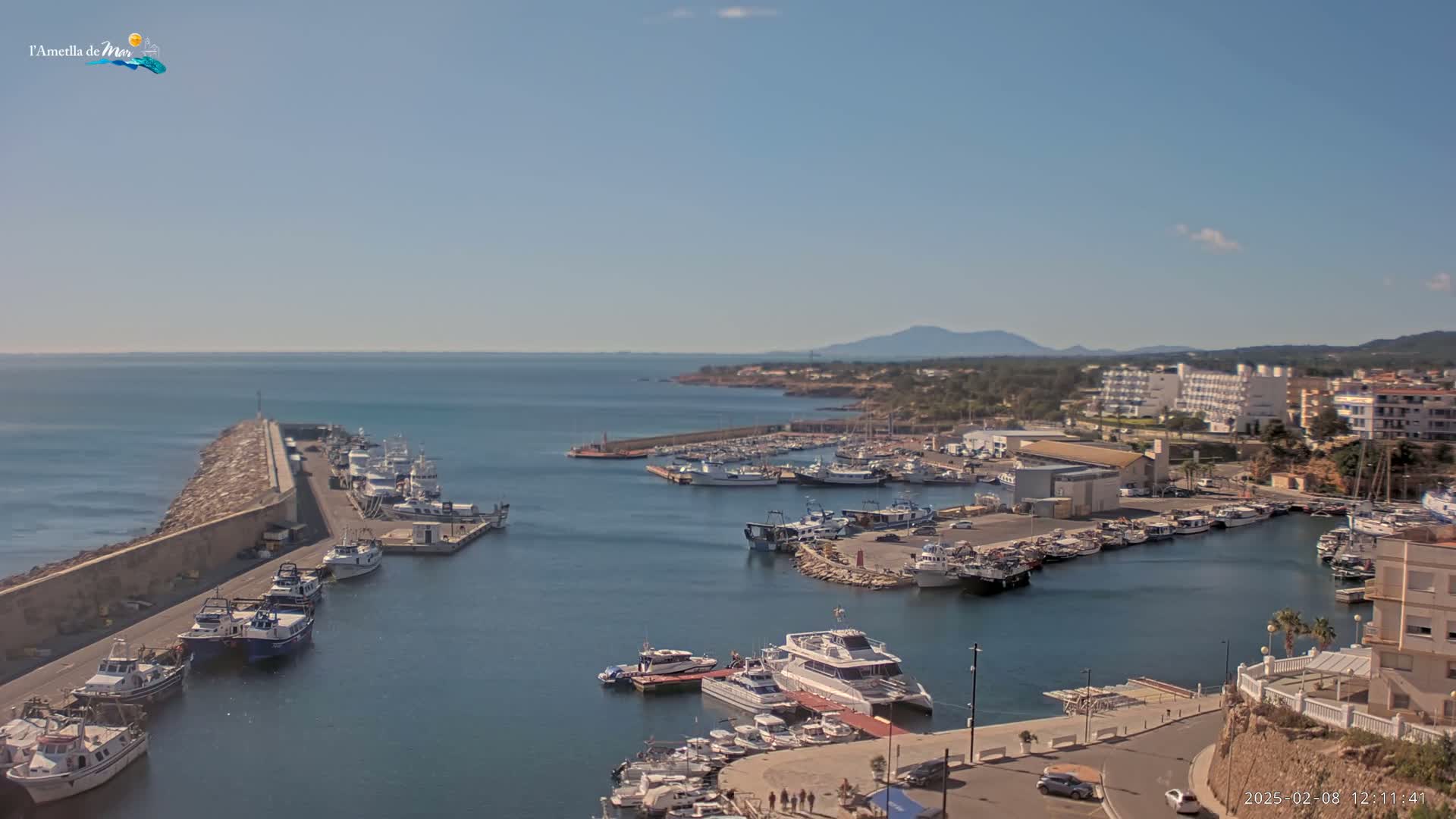 A harbor filled with numerous boats and yachts is situated on a calm sea under a clear, sunny sky, with a coastal town and distant mountains in the background.