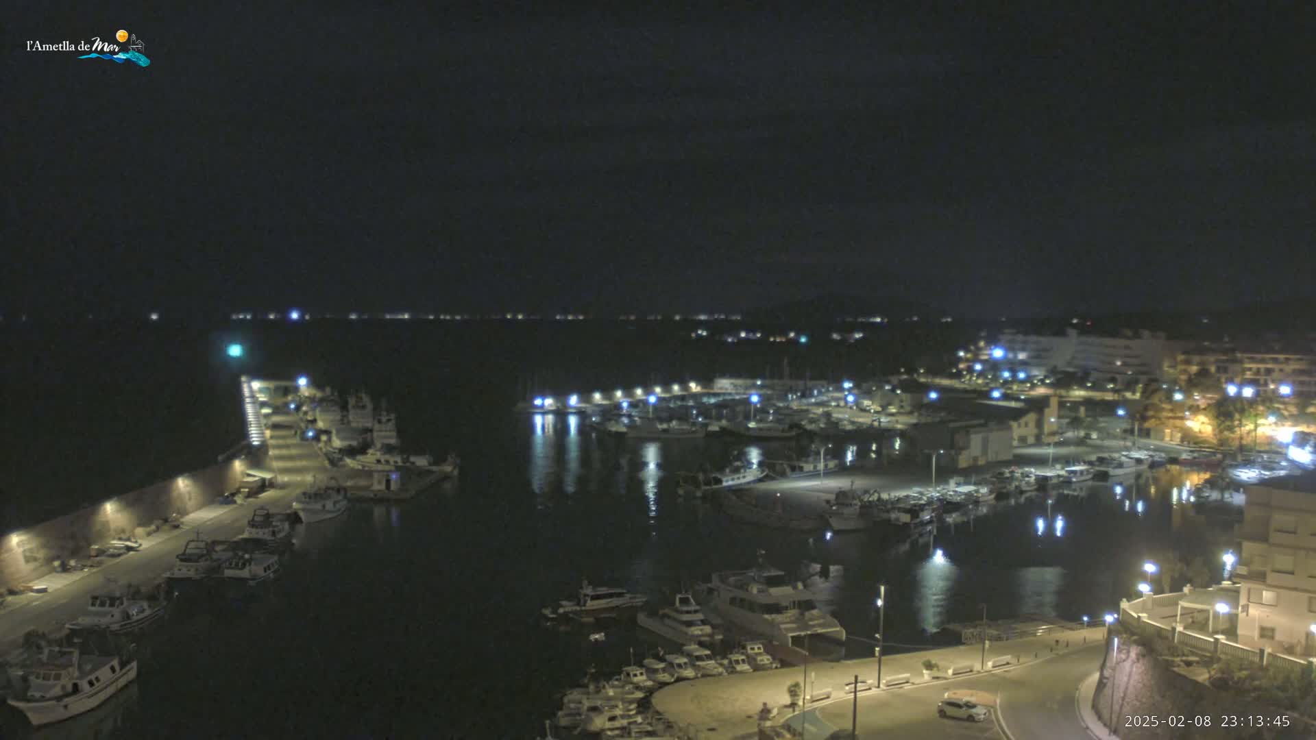 A nighttime, aerial view of a harbor filled with boats, under a dark, clear sky.