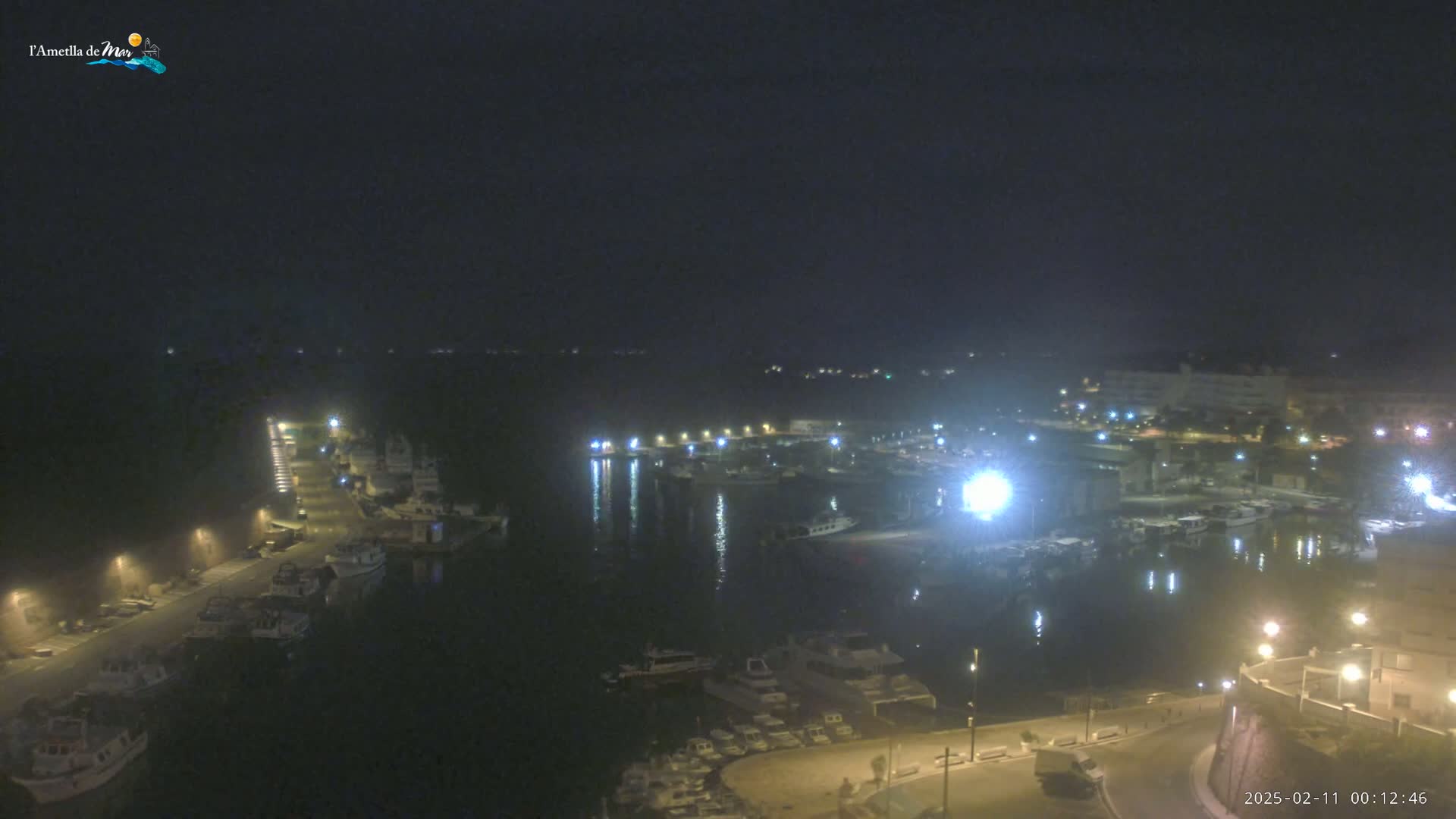 A nighttime aerial view of a harbor filled with boats, illuminated by streetlights and building lights under a dark, clear sky.