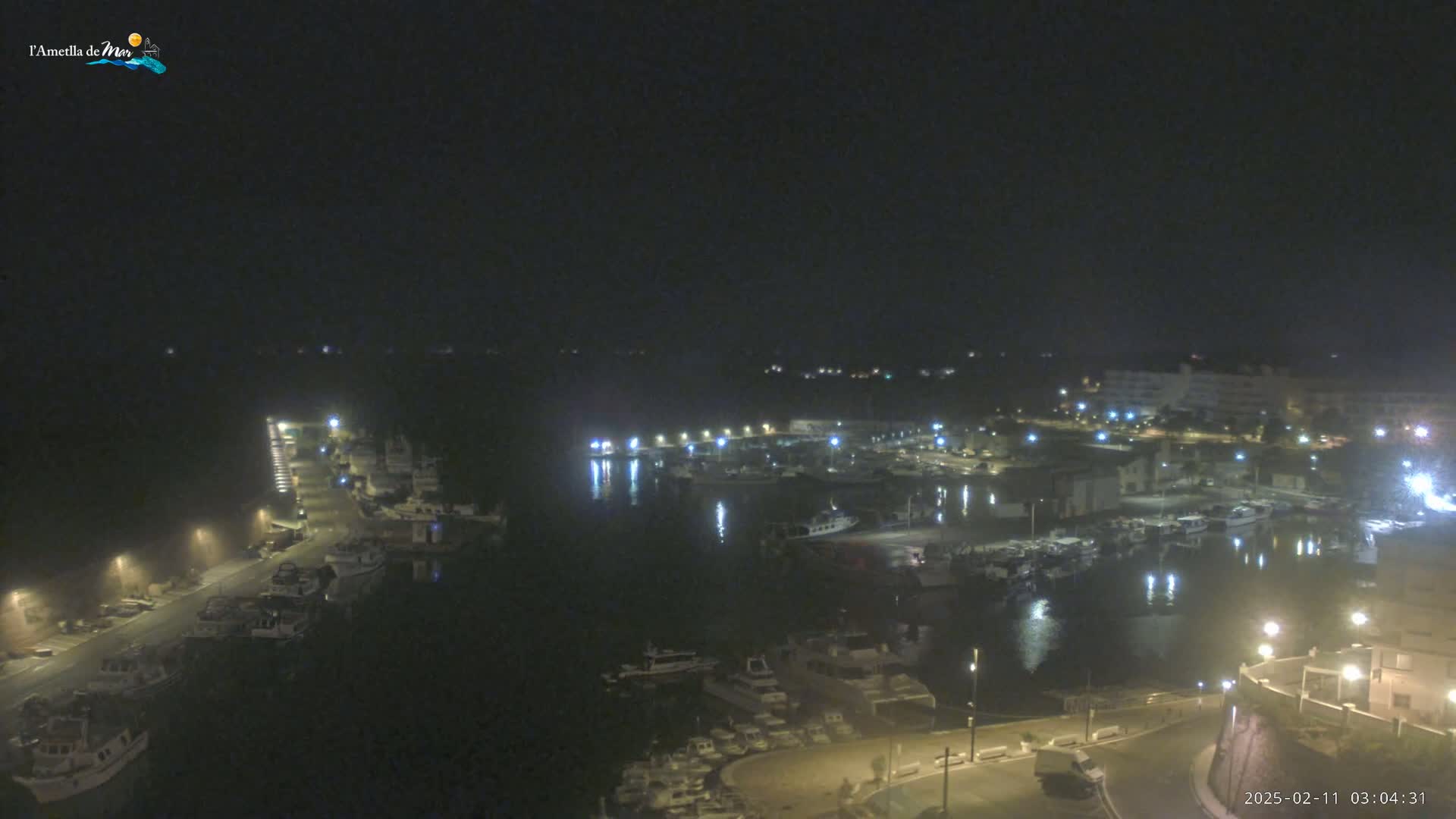 A nighttime, aerial view of a harbor filled with boats and surrounded by buildings and streetlights under a dark sky.