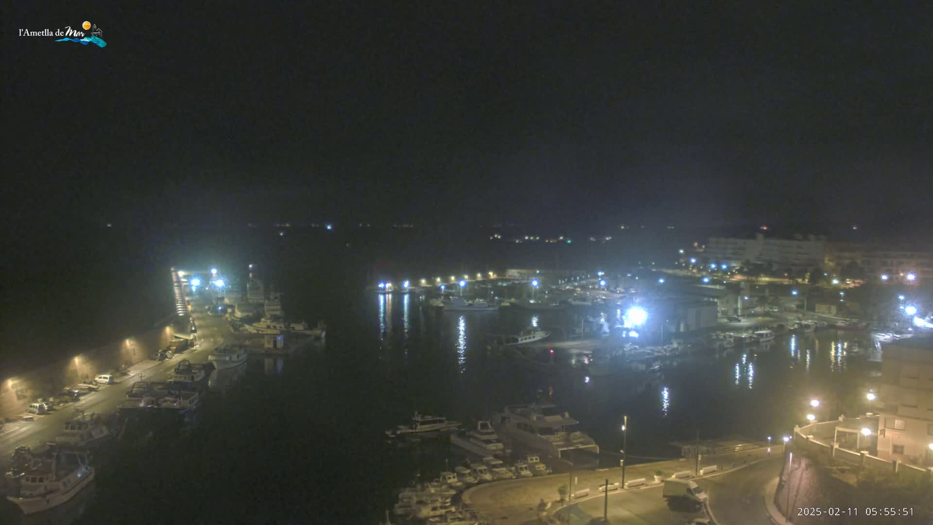 A nighttime aerial view of a harbor filled with boats, illuminated by streetlights and building lights.