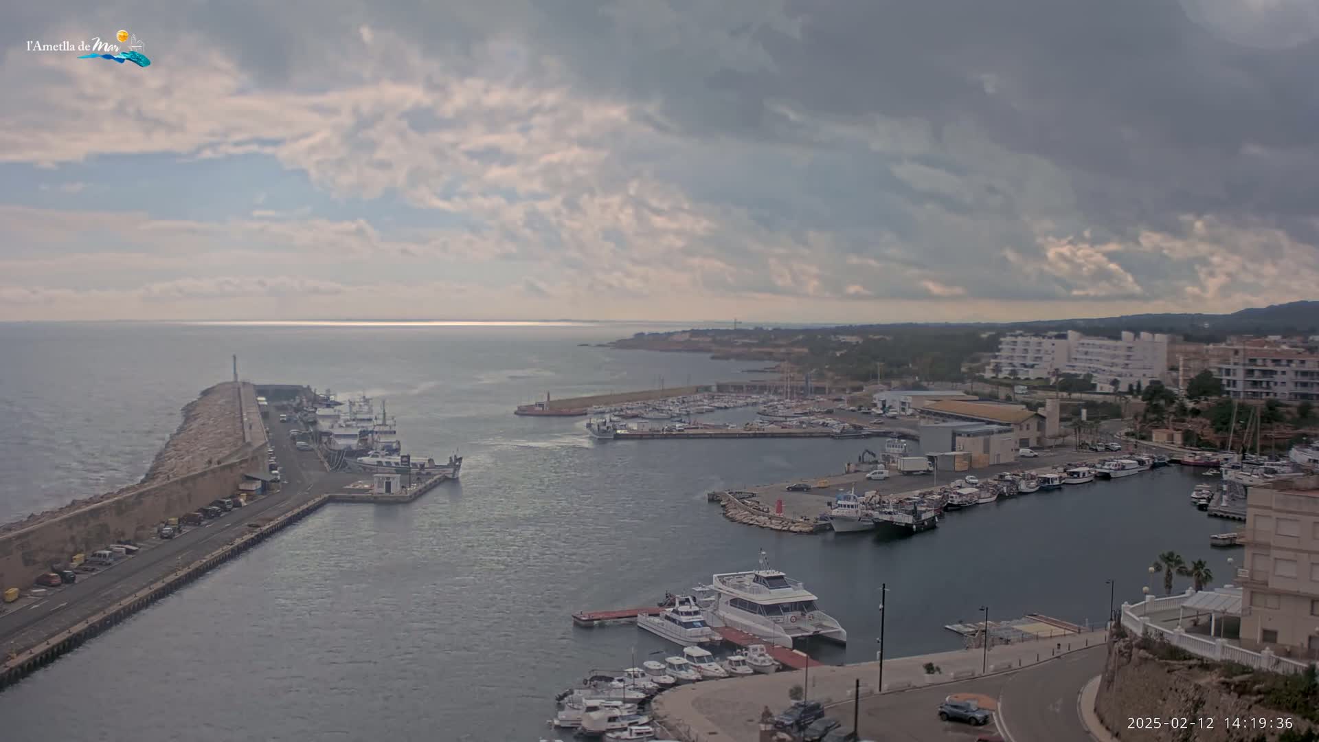 A harbor filled with numerous boats is viewed from an elevated position under a partly cloudy sky.