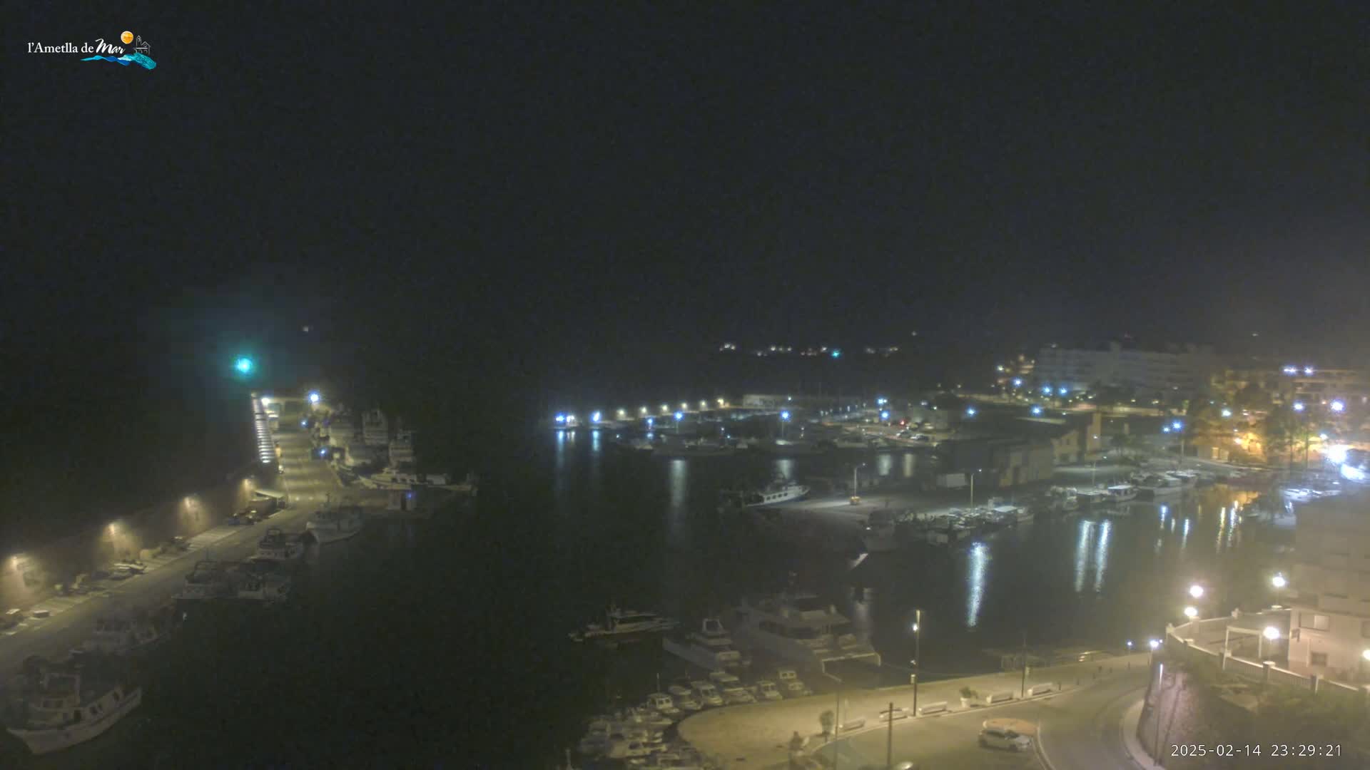 A nighttime, high-angle view shows a harbor filled with boats, lit by streetlights and building lights, under a dark, clear sky.