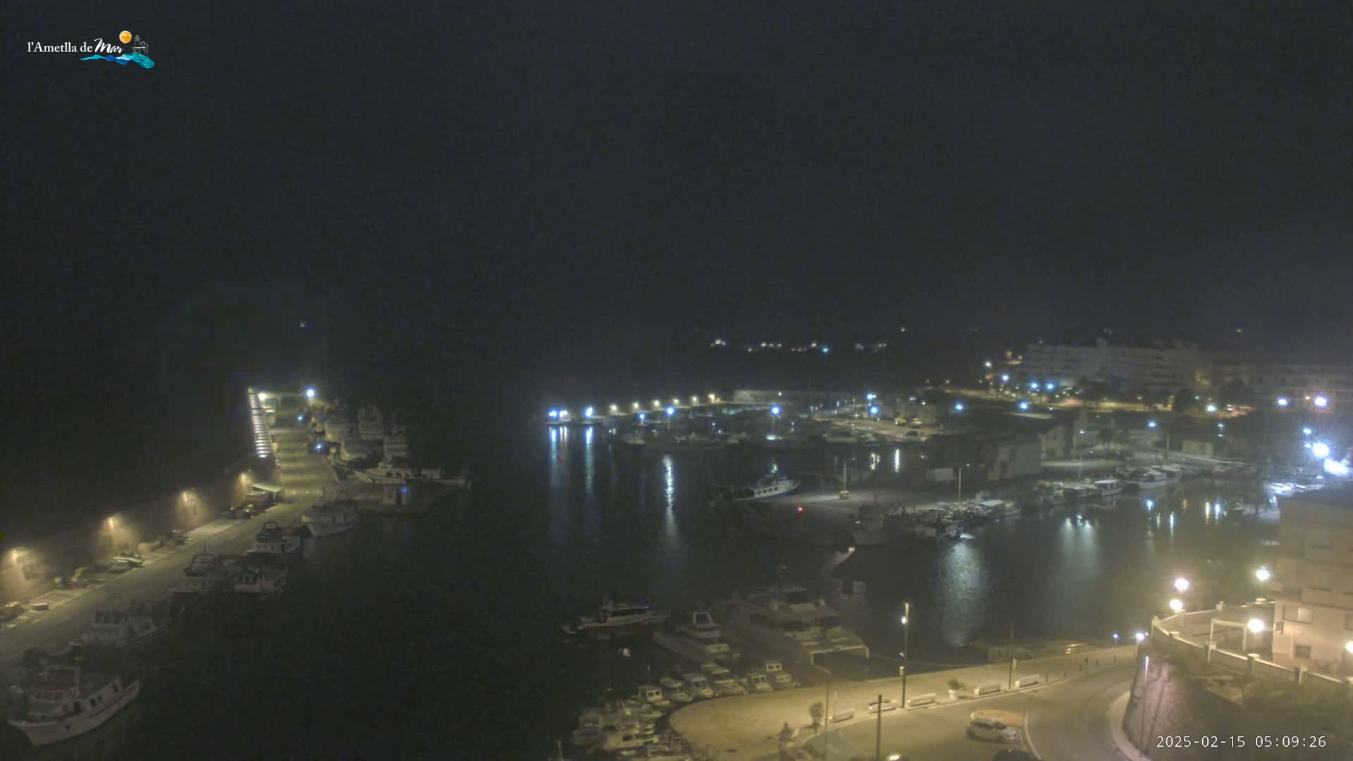 A nighttime view of a harbor filled with boats, illuminated by streetlights and building lights under a dark, possibly overcast sky.
