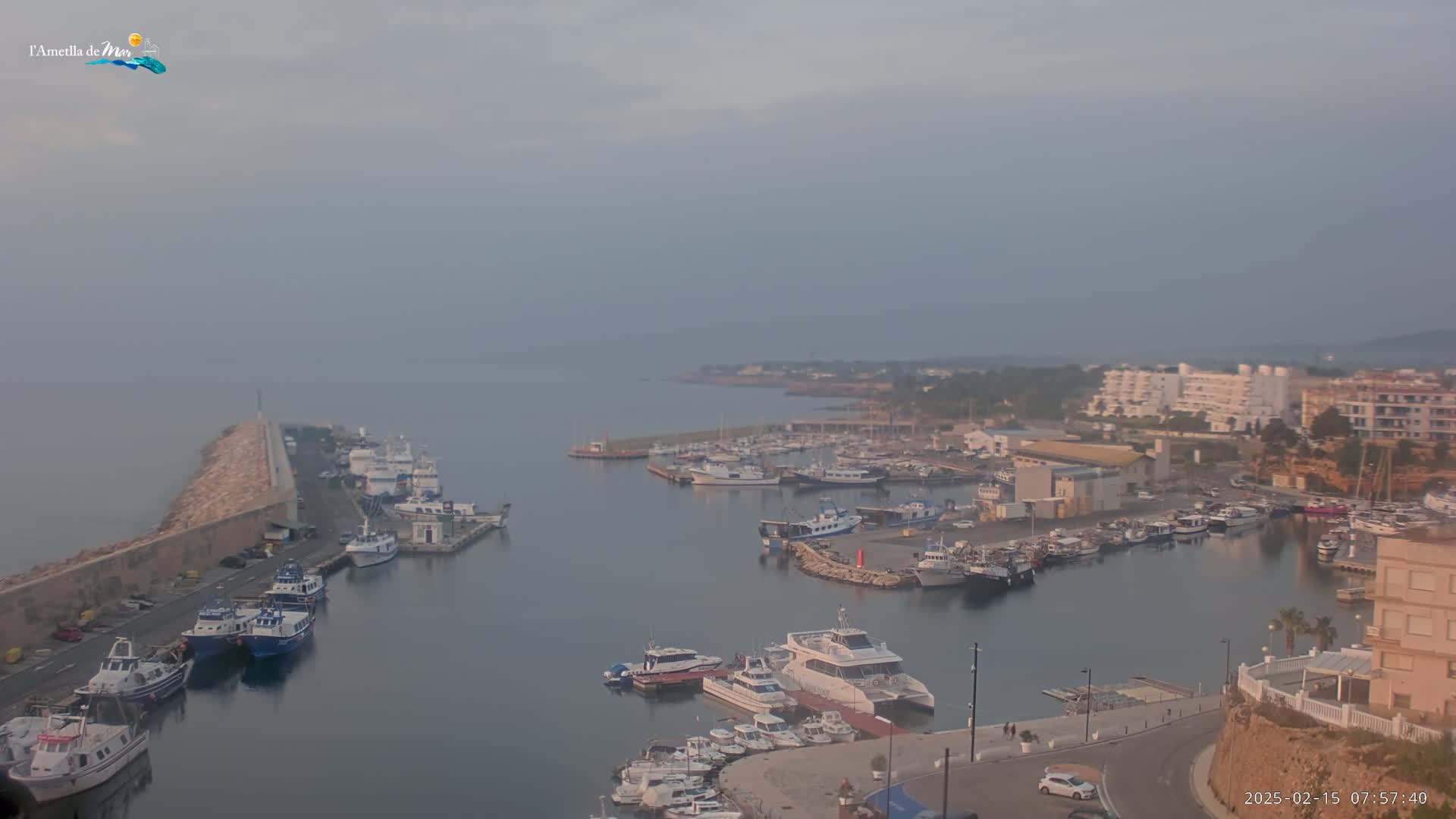 A hazy morning reveals a harbor filled with numerous boats and yachts, nestled beside a coastal town.