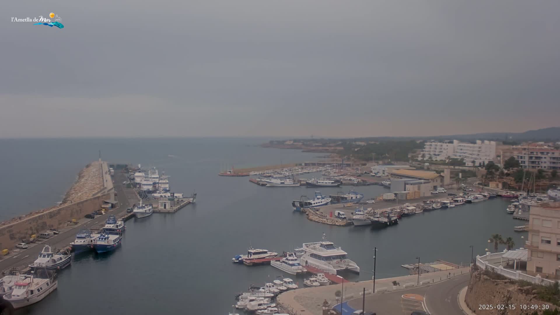 A harbor filled with numerous boats is visible under an overcast sky.