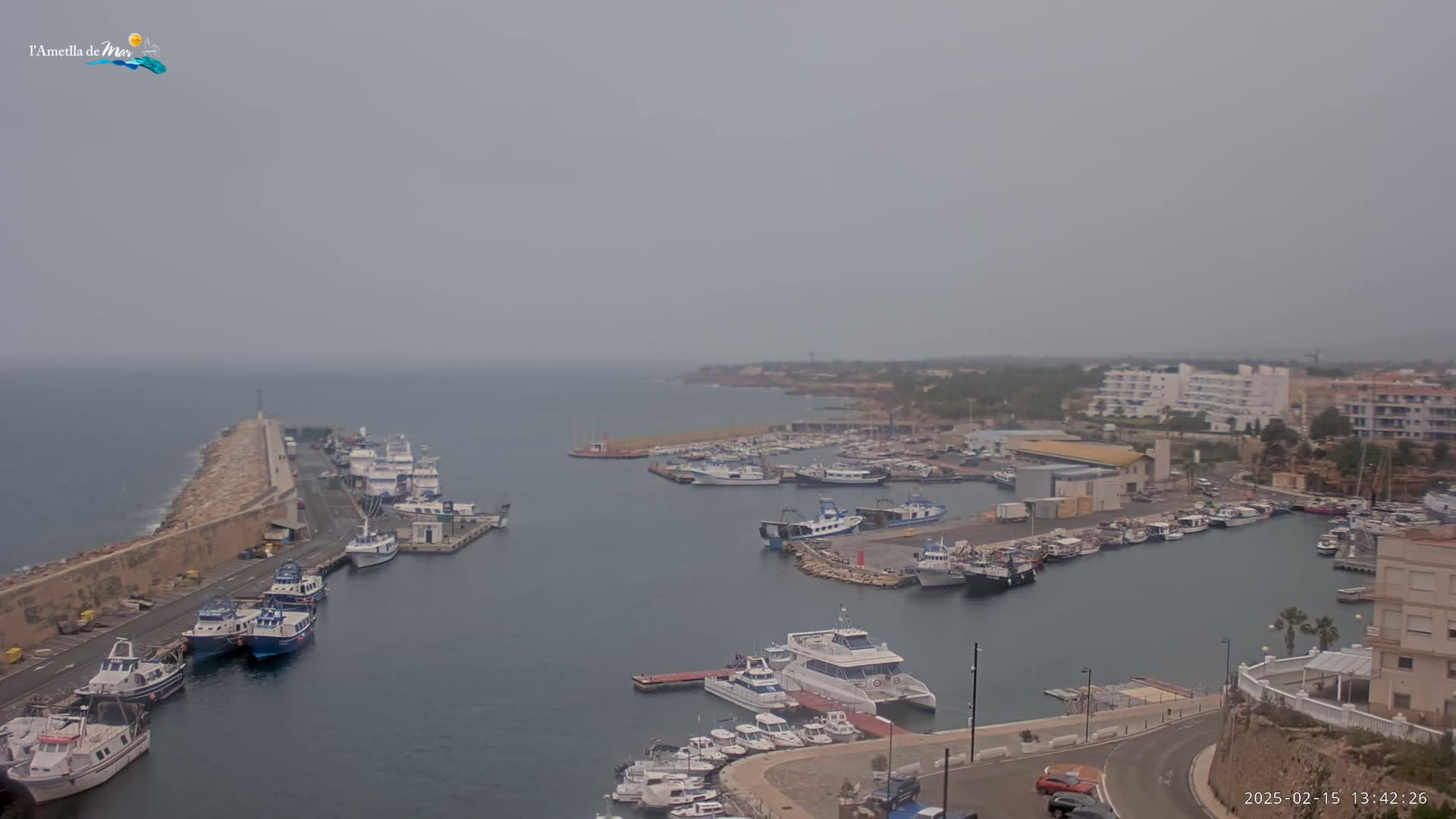 A harbor filled with numerous boats and yachts is seen on an overcast day.