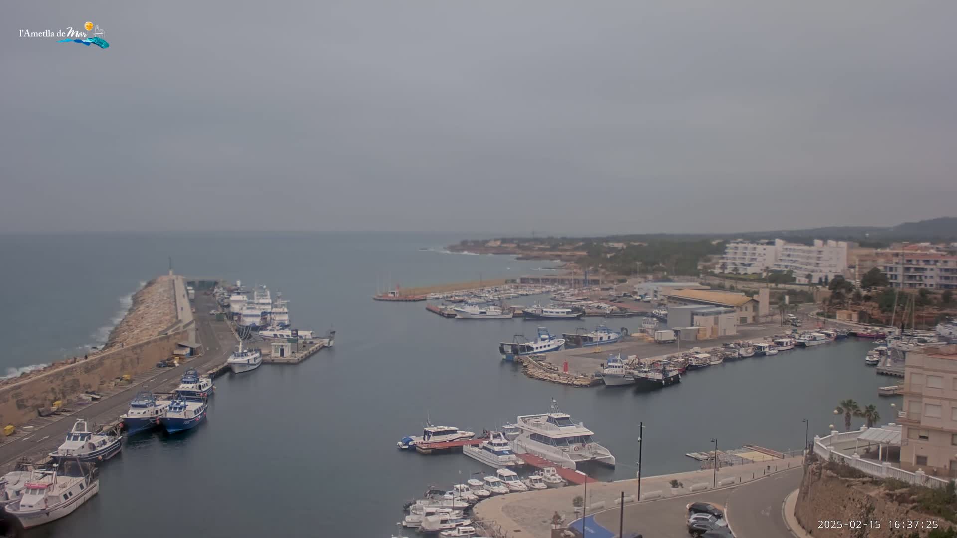 A harbor filled with numerous boats and yachts is seen under an overcast sky.