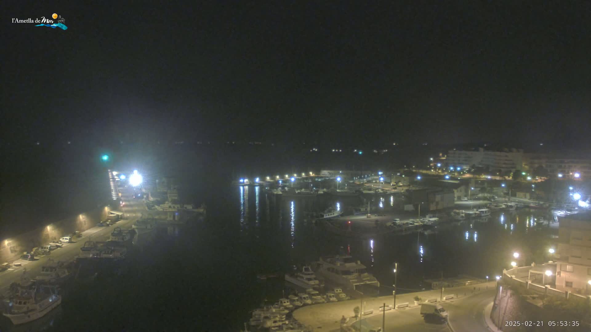 A nighttime, aerial view of a harbor filled with boats, illuminated by streetlights and building lights, under a dark, clear sky.
