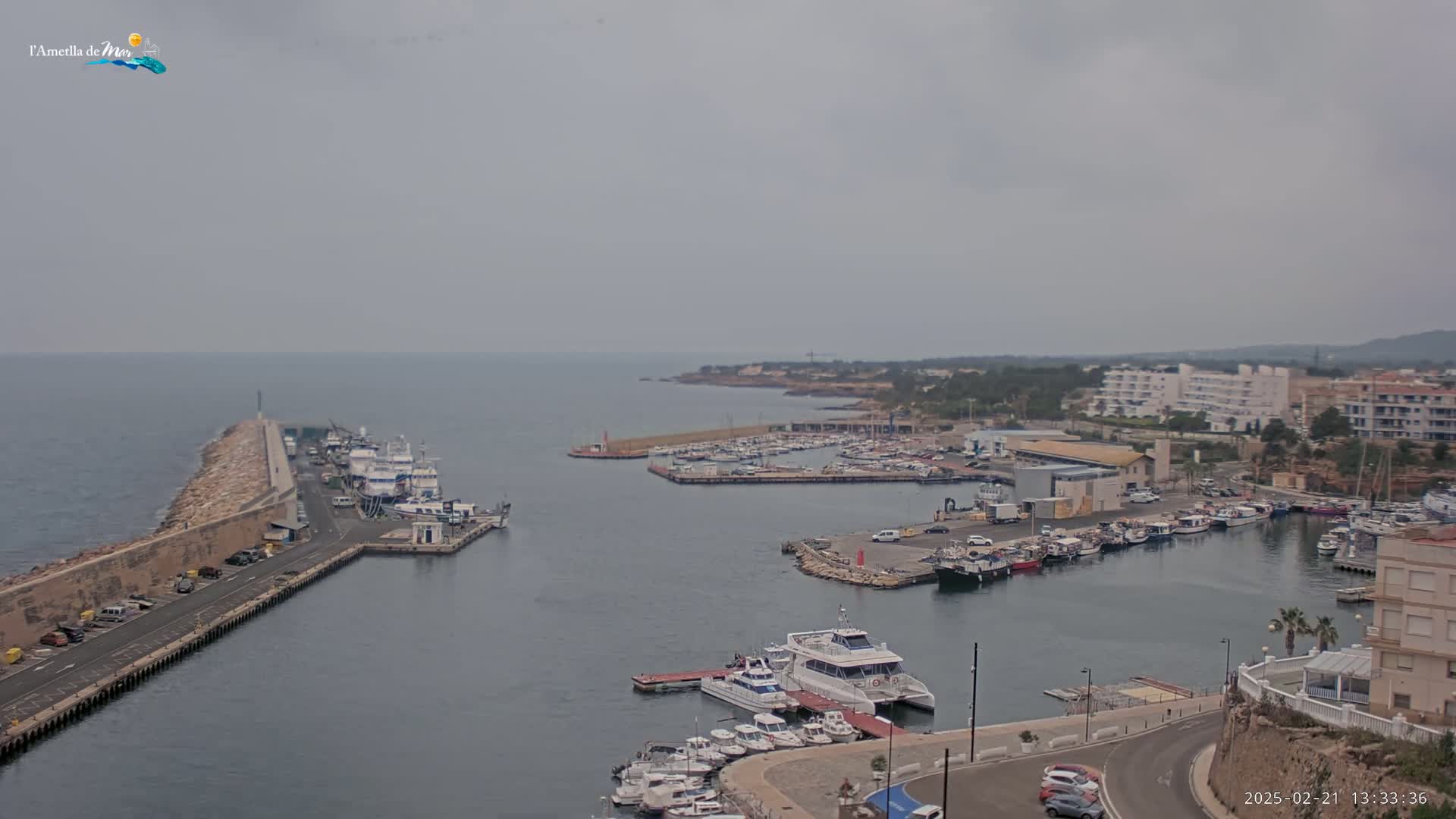 A harbor filled with numerous boats and yachts is situated near a coastline under an overcast sky.