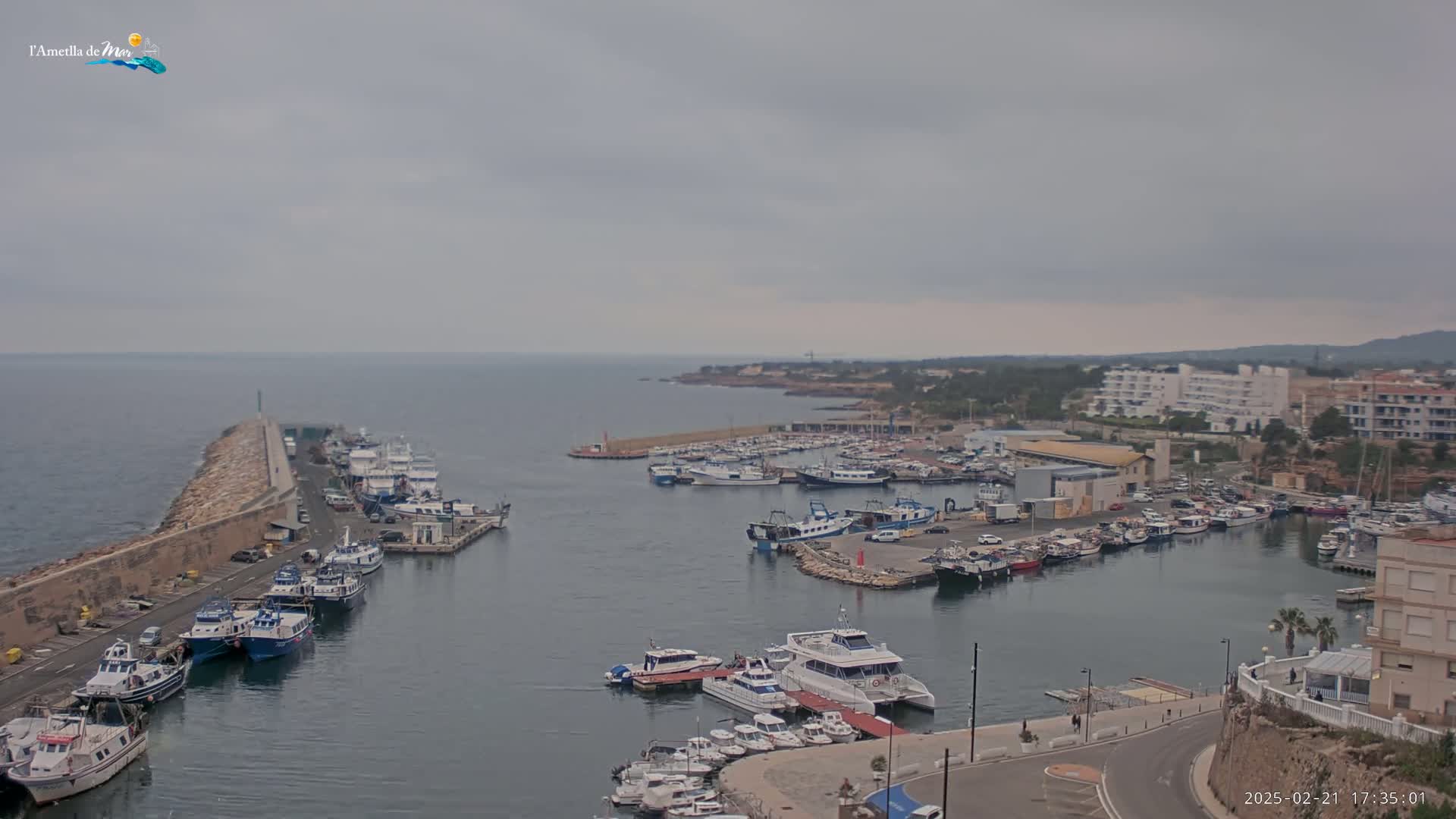 A harbor filled with numerous boats is seen on an overcast day, with calm waters and a stone breakwater extending into the sea.