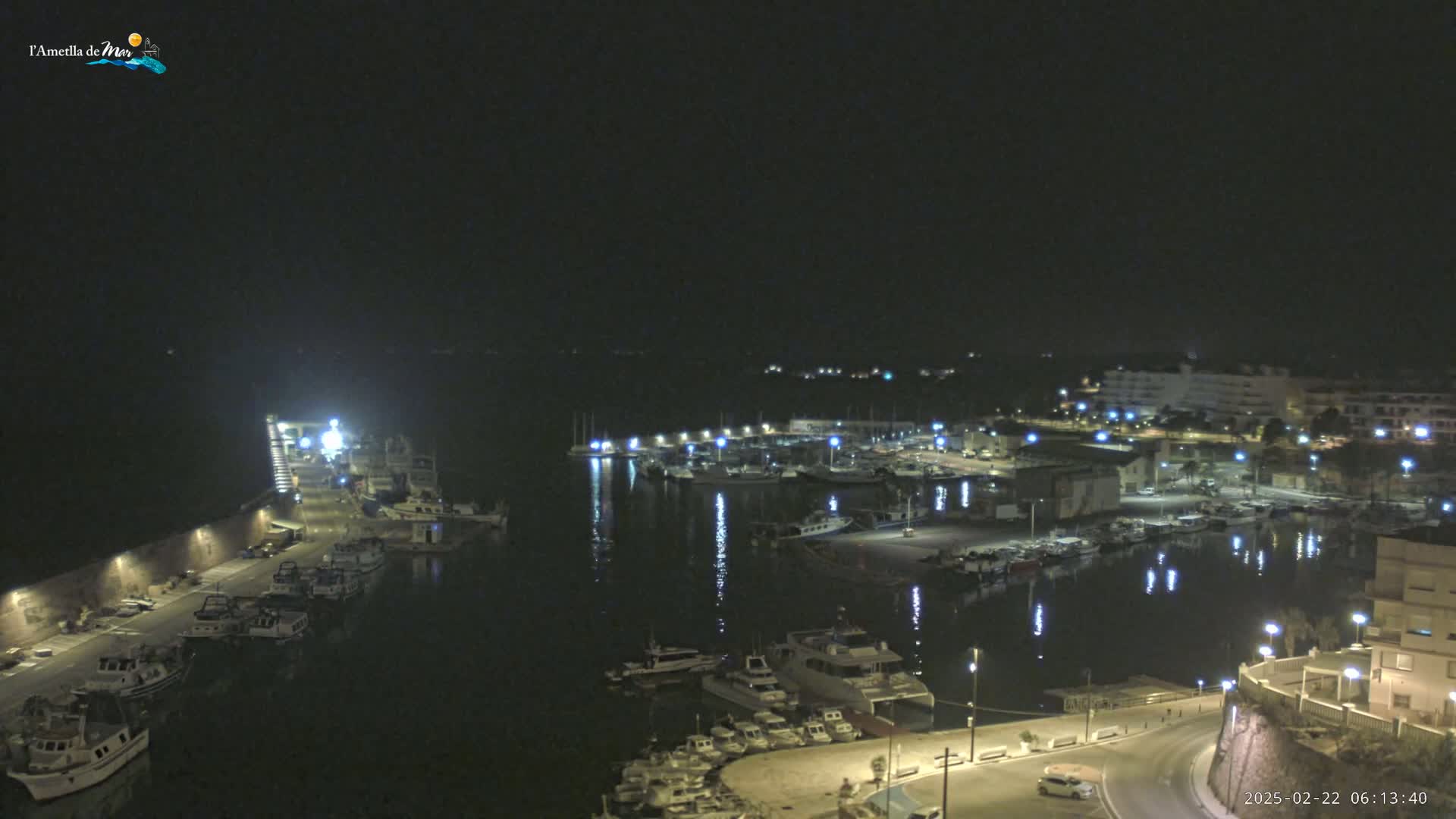 A nighttime, aerial view of a harbor filled with boats, illuminated by streetlights and building lights, under a clear, dark sky.