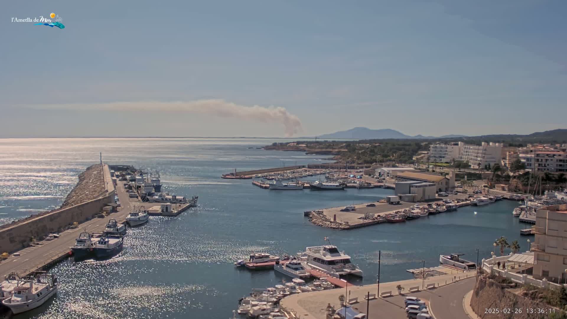 A harbor filled with boats is seen on a sunny day, with a plume of smoke visible in the distance over the calm sea.