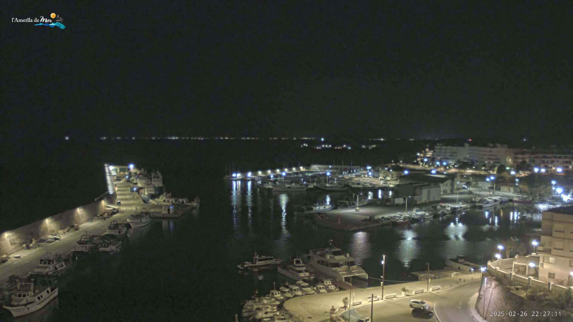 A nighttime aerial view of a harbor filled with boats, illuminated by streetlights and building lights, under a clear, dark sky.