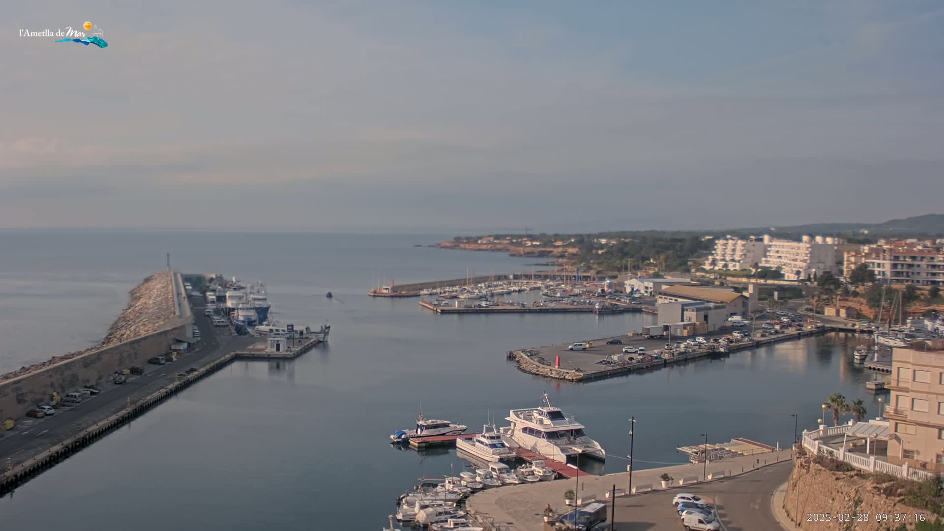 A harbor filled with numerous boats and yachts is seen on a calm, overcast day.