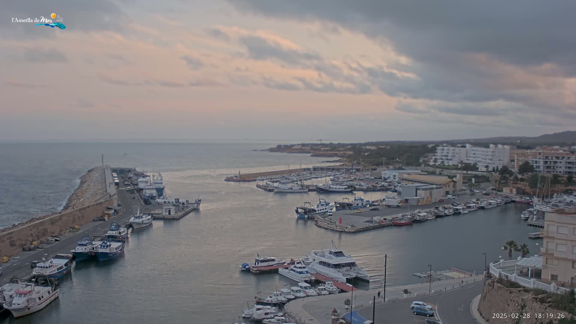 A harbor filled with numerous boats and ships is situated next to a coastal town under a cloudy, dusky sky.