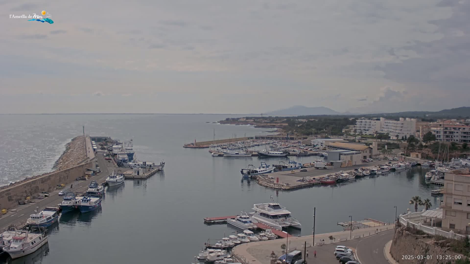 A harbor filled with numerous boats and ships is visible under an overcast sky, with a calm sea stretching to a distant shoreline.
