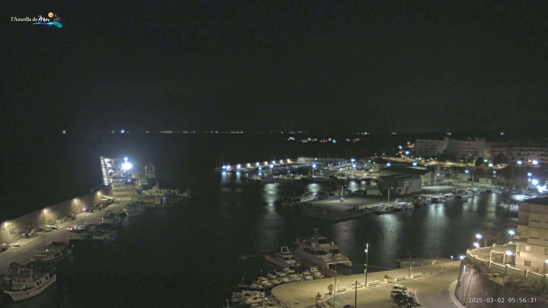 A nighttime view of a harbor filled with boats, surrounded by buildings and lit by streetlights.