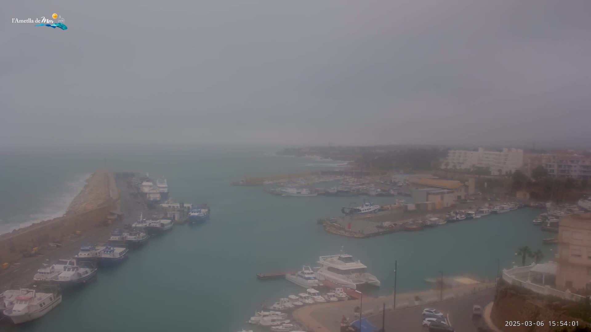 A harbor filled with numerous boats is seen on an overcast day with a hazy atmosphere.