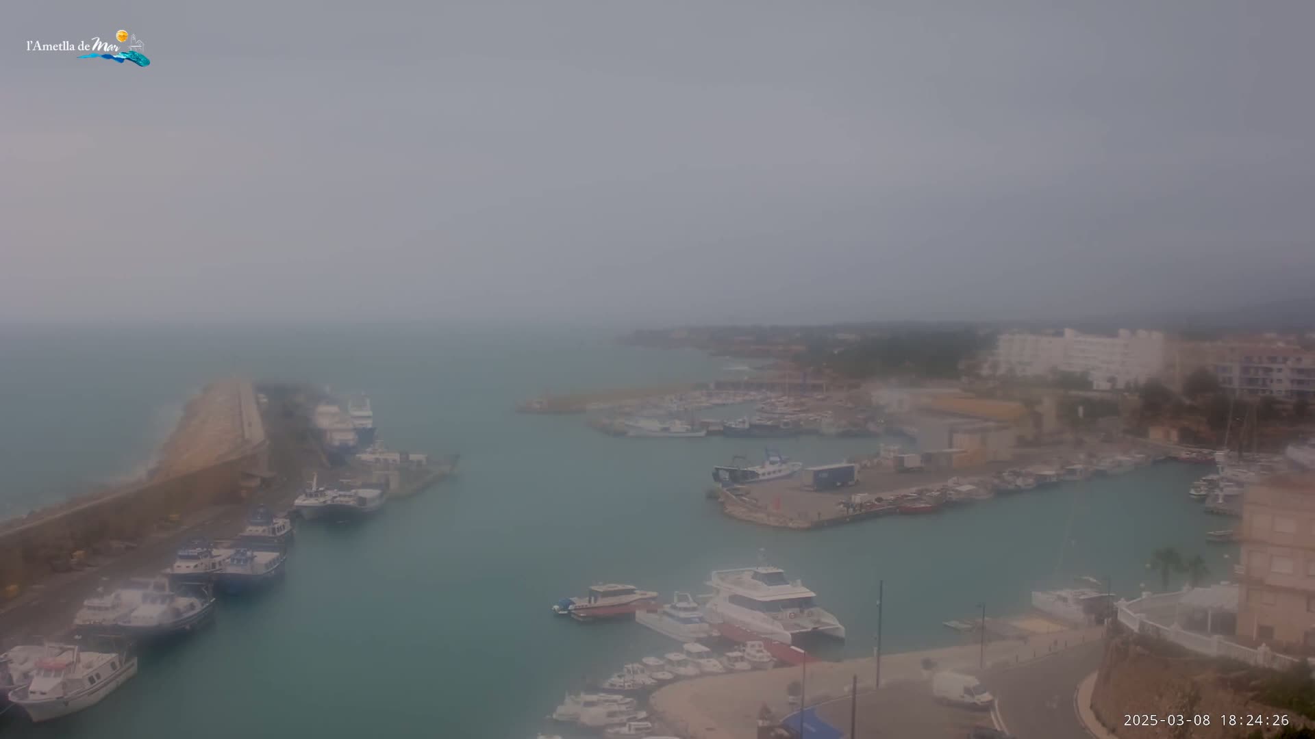 A hazy, overcast day reveals a harbor filled with numerous boats and yachts, nestled beside a coastal town.