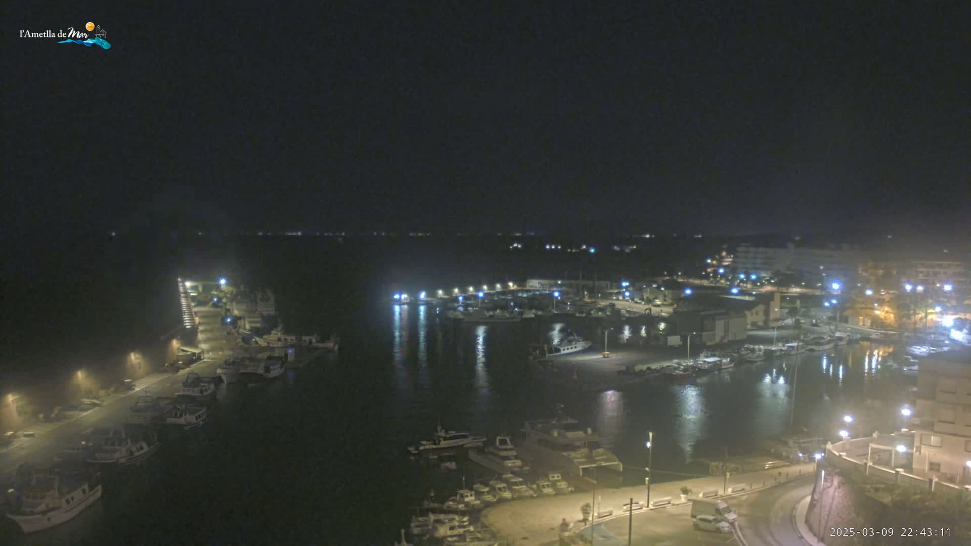 A nighttime view of a harbor filled with boats, illuminated by streetlights and building lights, under a dark sky.