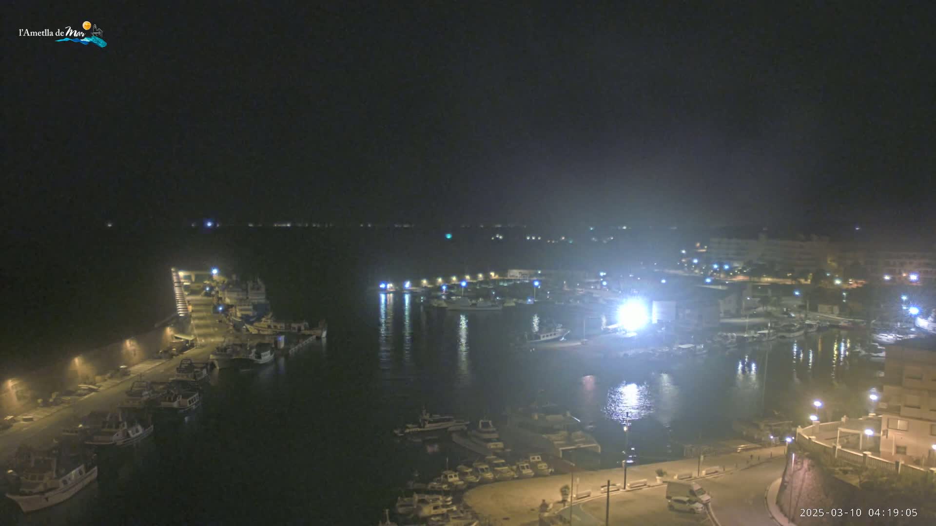 A nighttime, hazy view of a harbor filled with boats, lit by streetlights and building lights.