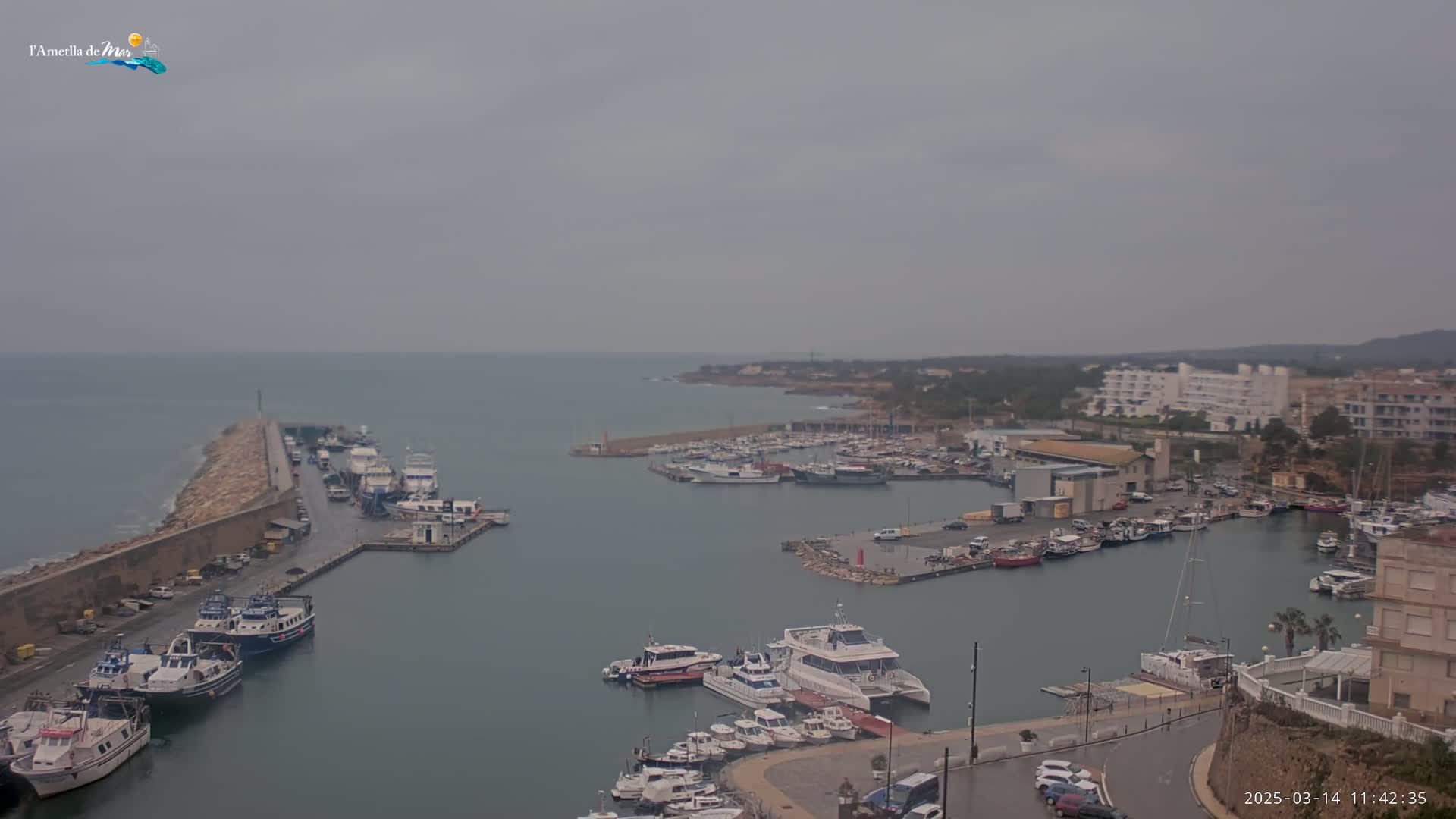 A harbor filled with numerous boats and ships is shown on an overcast day.