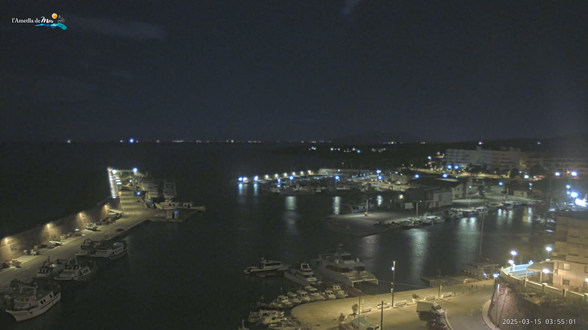 A nighttime view of a harbor filled with boats, illuminated by streetlights and building lights under a dark, clear sky.