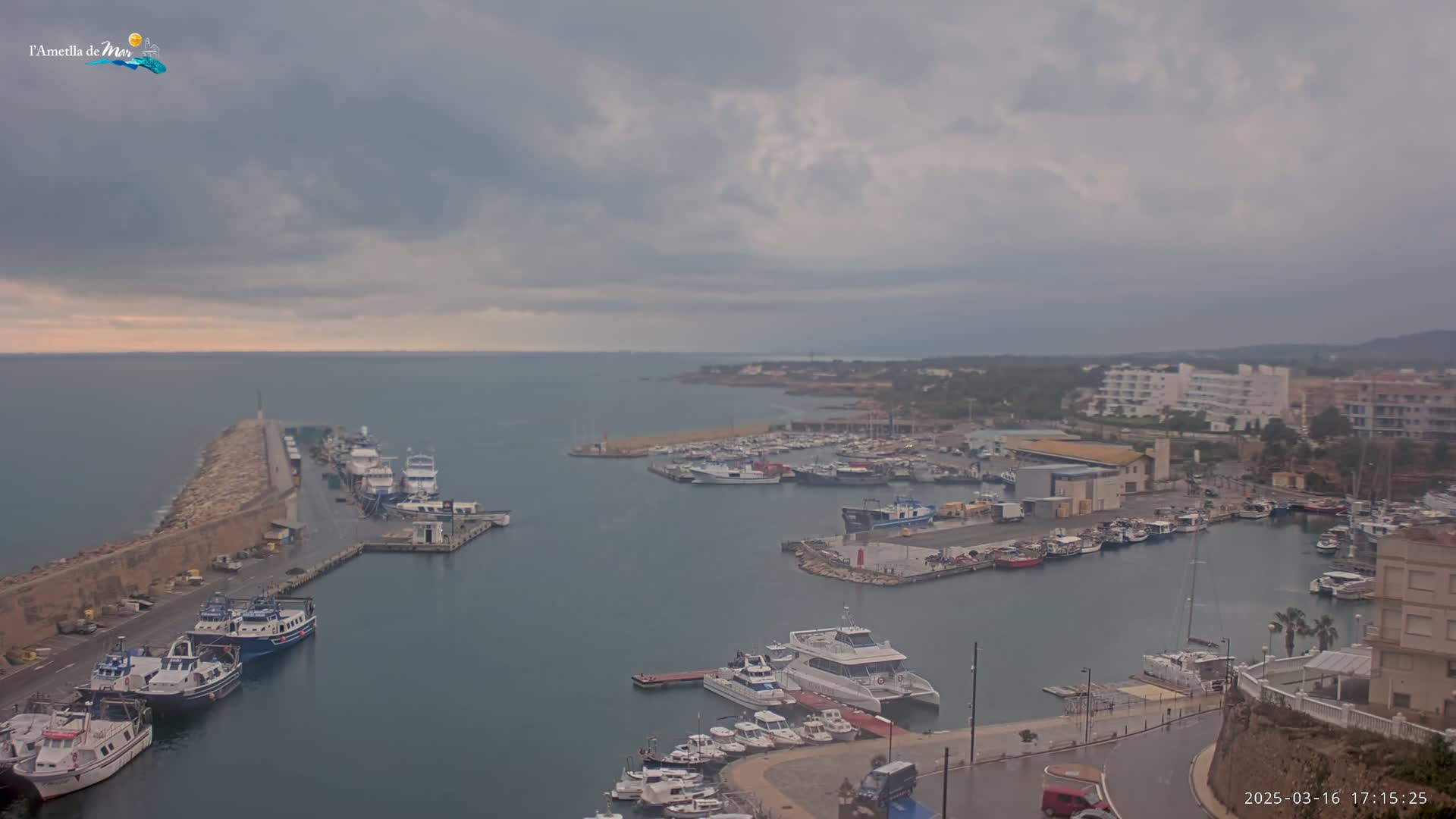 A harbor filled with many boats is seen under an overcast sky.