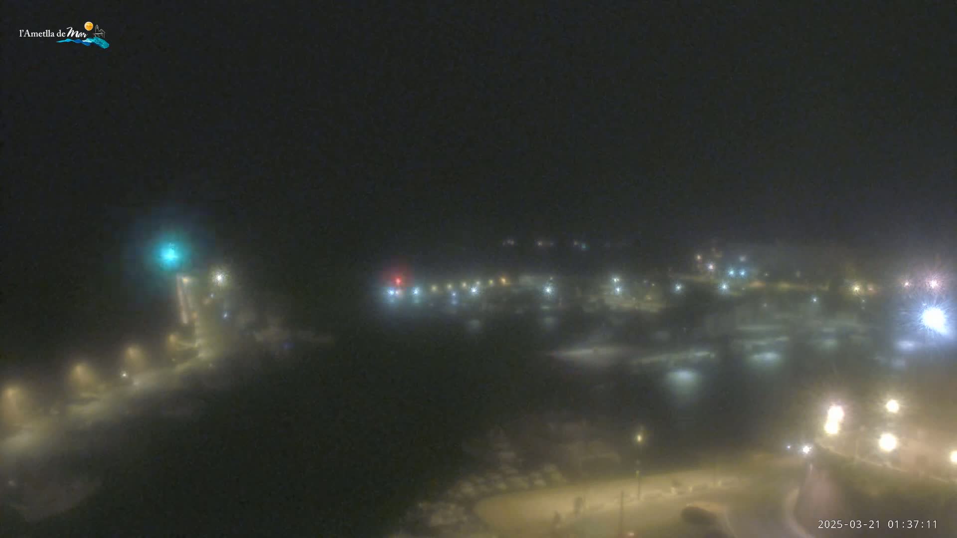 A foggy night scene shows a harbor with faint lights visible through the mist.