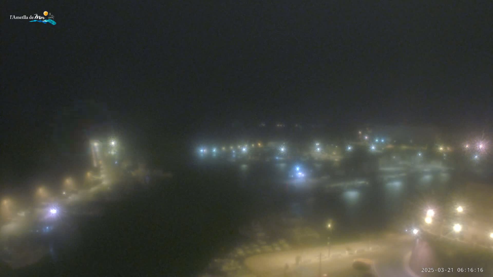 A foggy night scene shows a body of water with dimly lit buildings and streets surrounding it.