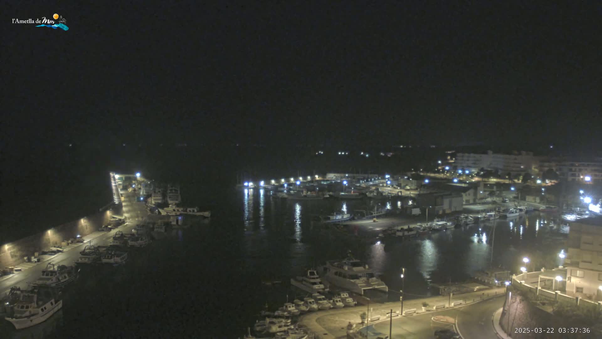A nighttime view of a harbor filled with boats, illuminated by lights, under a clear, dark sky.