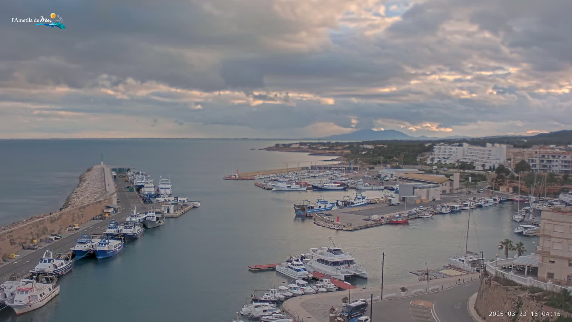 A harbor filled with numerous boats and ships is nestled alongside a coastal town under a partly cloudy sky.
