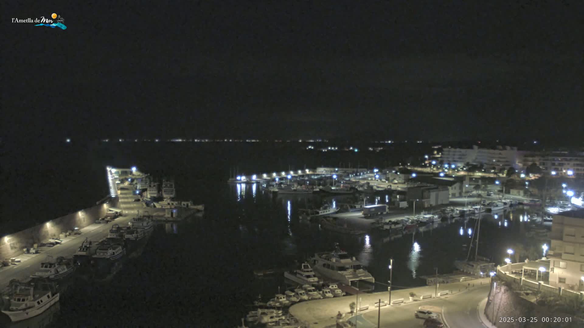 A nighttime, aerial view of a harbor filled with boats, illuminated by lights, under a dark, clear sky.