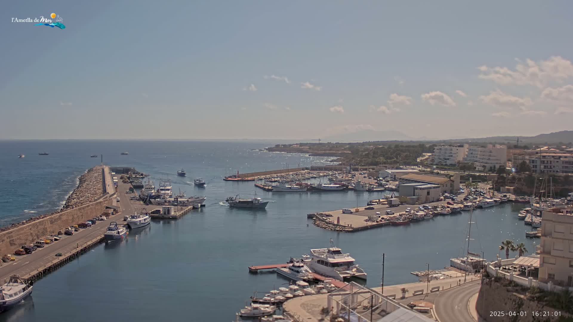 A harbor filled with numerous boats and ships is situated next to a roadway and buildings, under a mostly sunny sky.