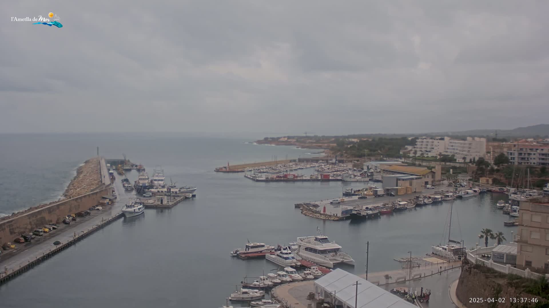 A harbor filled with numerous boats under an overcast sky.