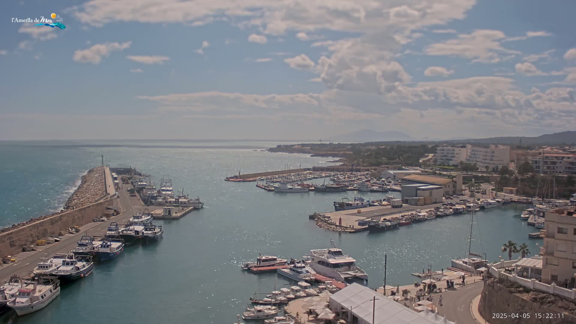 A harbor filled with numerous boats is situated beside a town under a partly cloudy sky.