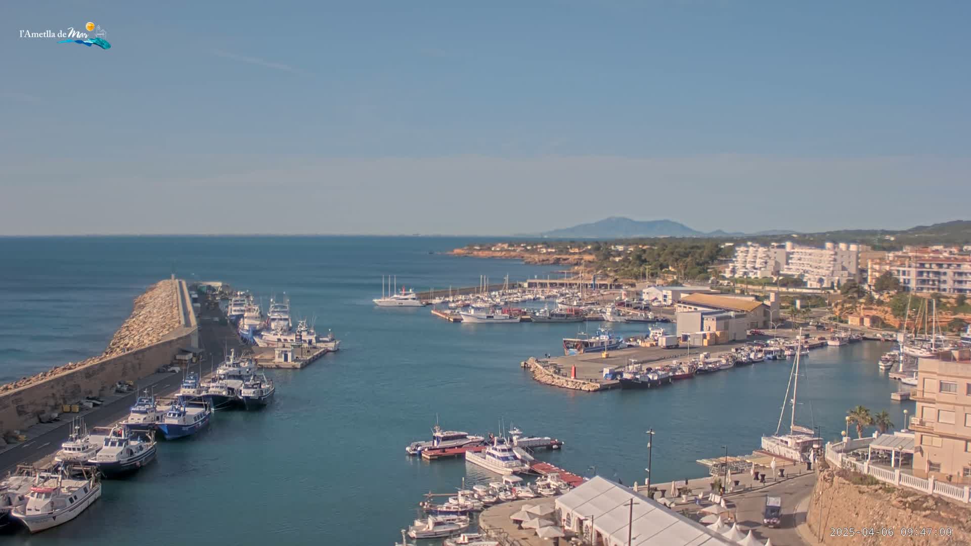 A sunny day shows a harbor filled with many boats, some docked and some at sea, along a coastline with buildings and a distant mountain range.