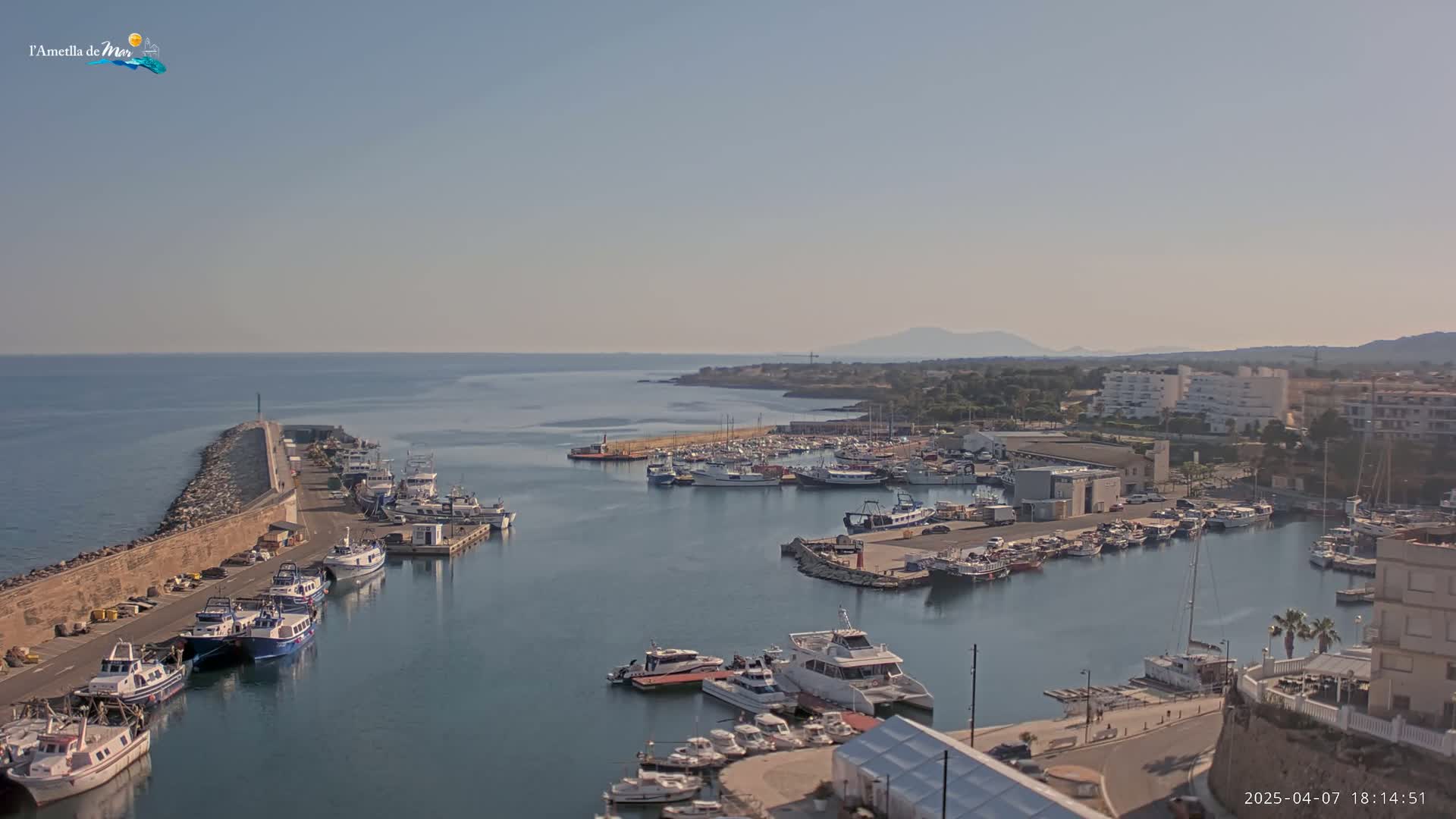 A harbor filled with numerous boats is situated near a coastal town under a clear, sunny sky, with mountains visible in the distance.