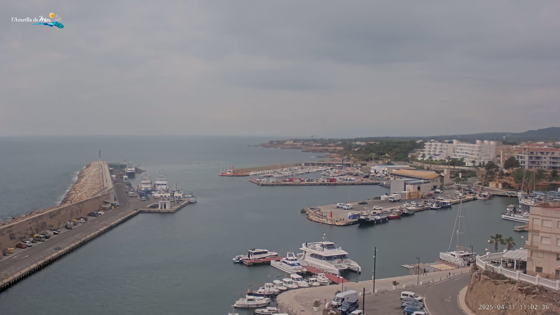 A harbor filled with numerous boats and yachts is situated next to a town under an overcast sky.