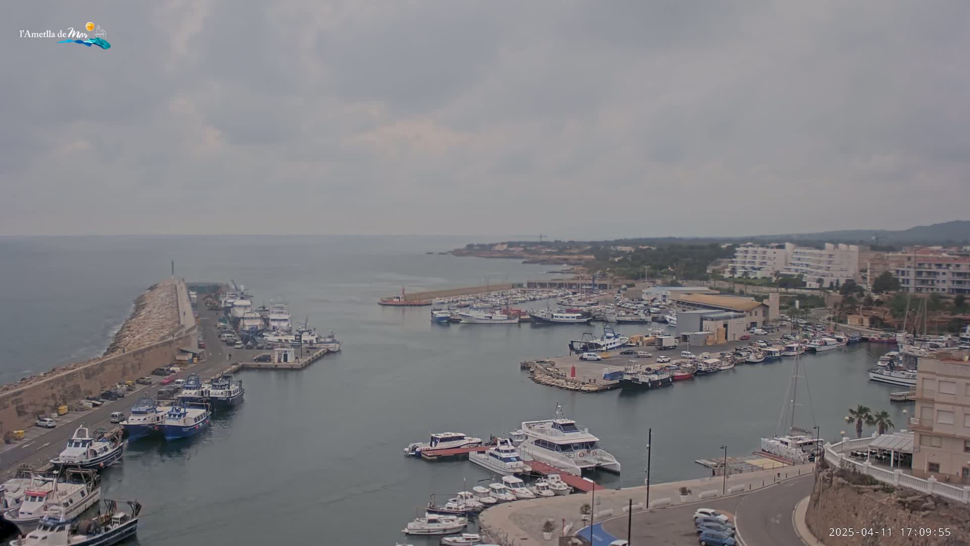 A harbor filled with numerous boats and yachts is situated along a coastline under an overcast sky.