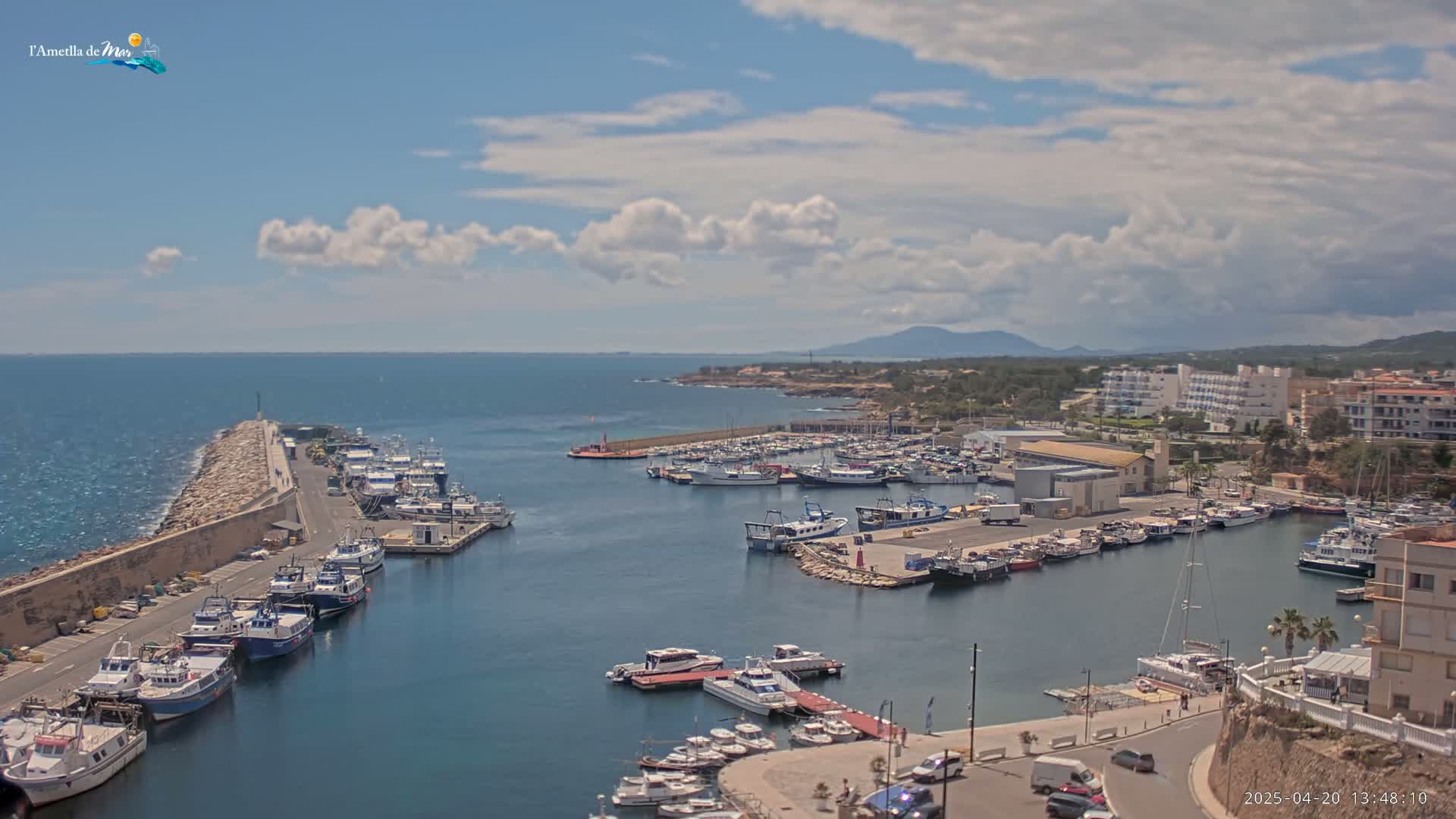 A harbor filled with numerous boats and yachts is situated near a town under a partly cloudy sky.