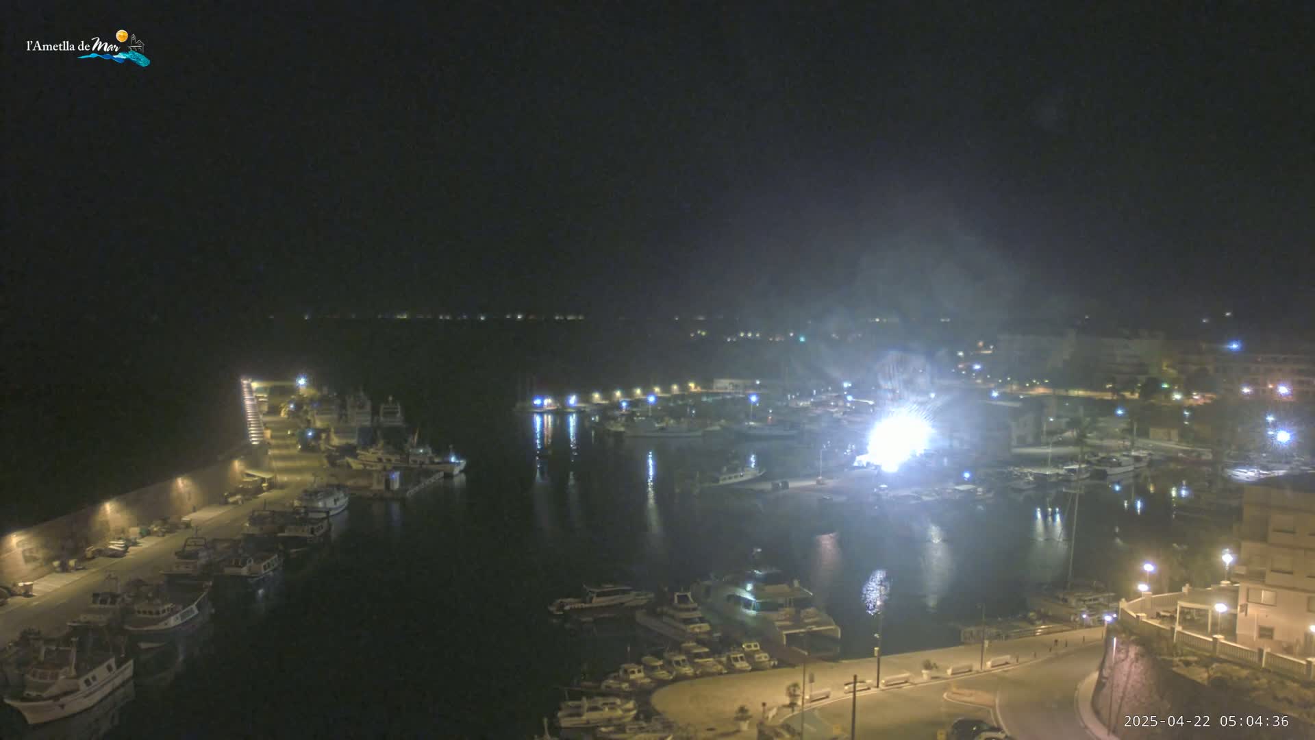 A nighttime aerial view of a harbor filled with boats, with fireworks exploding over the water.