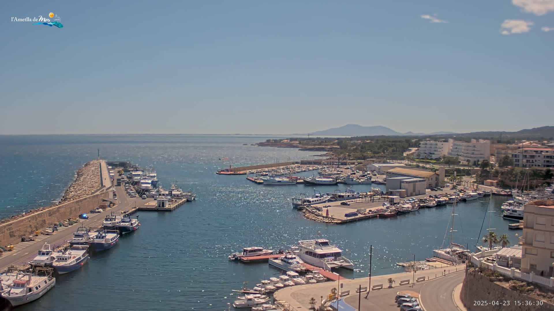 A sunny day reveals a harbor filled with numerous boats, nestled beside a town and a calm sea extending to distant mountains.