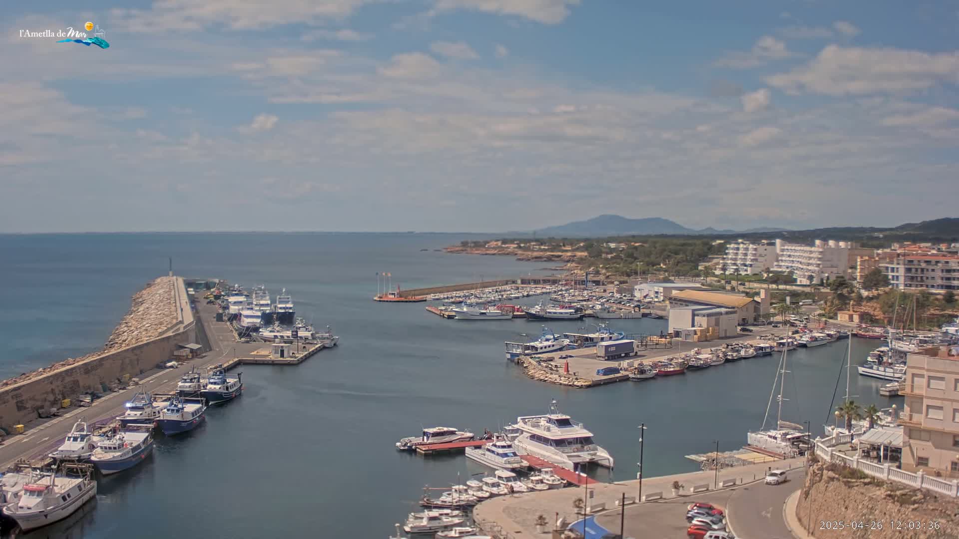 A harbor filled with numerous boats is seen on a partly cloudy day, with a calm sea and distant mountains visible in the background.