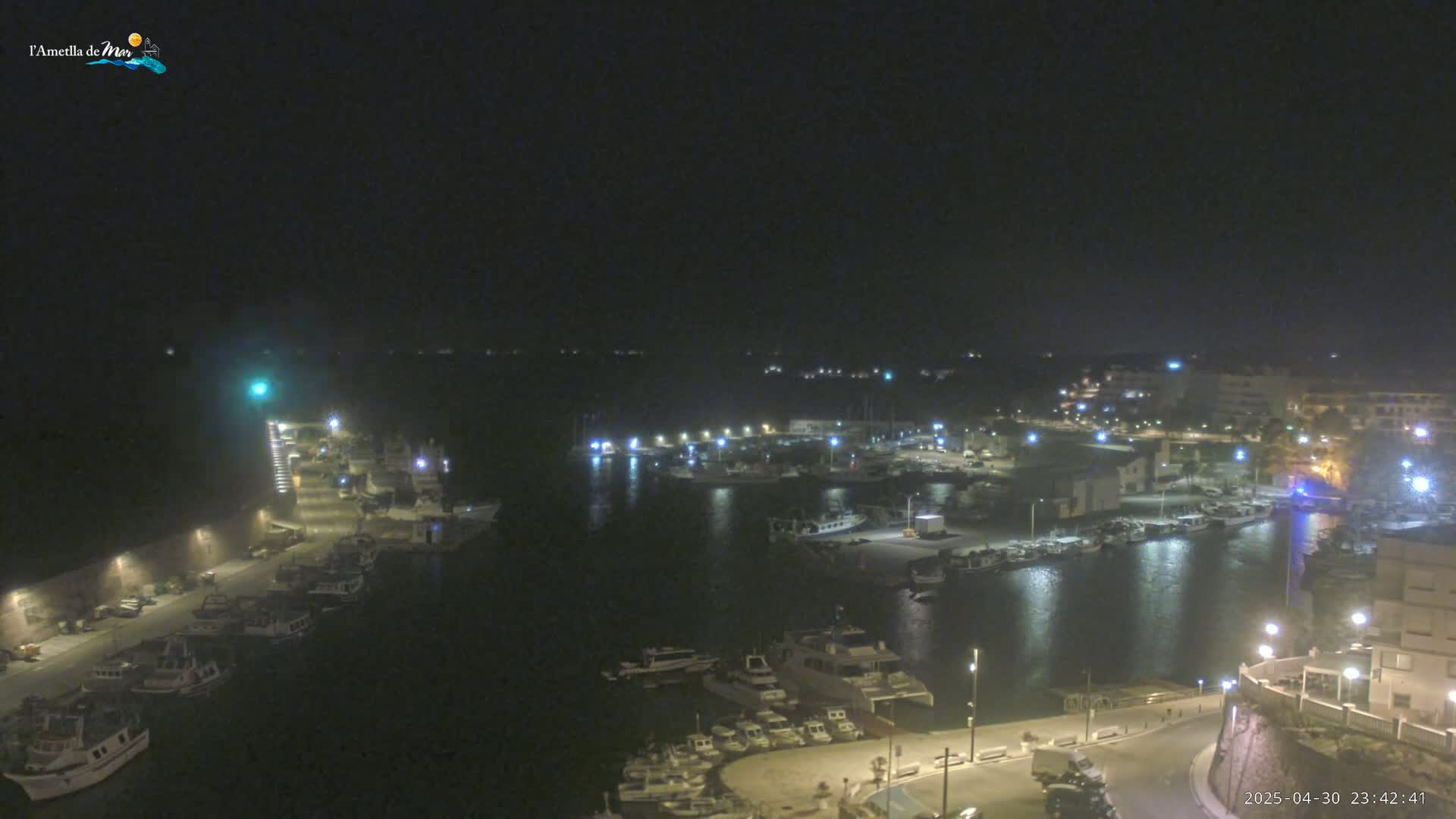 A nighttime view of a harbor filled with boats, illuminated by streetlights and building lights under a clear, dark sky.