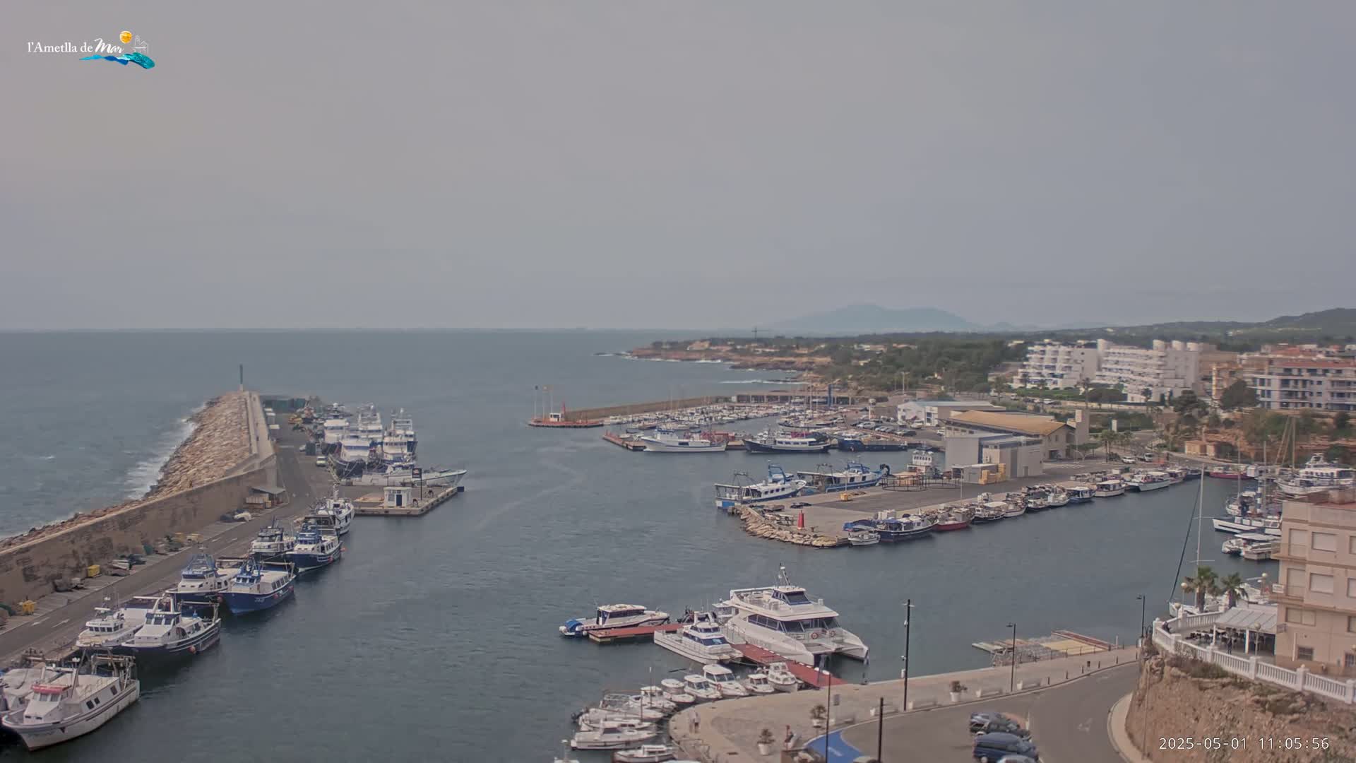 A harbor filled with numerous boats and yachts is nestled alongside a coastline under an overcast sky.
