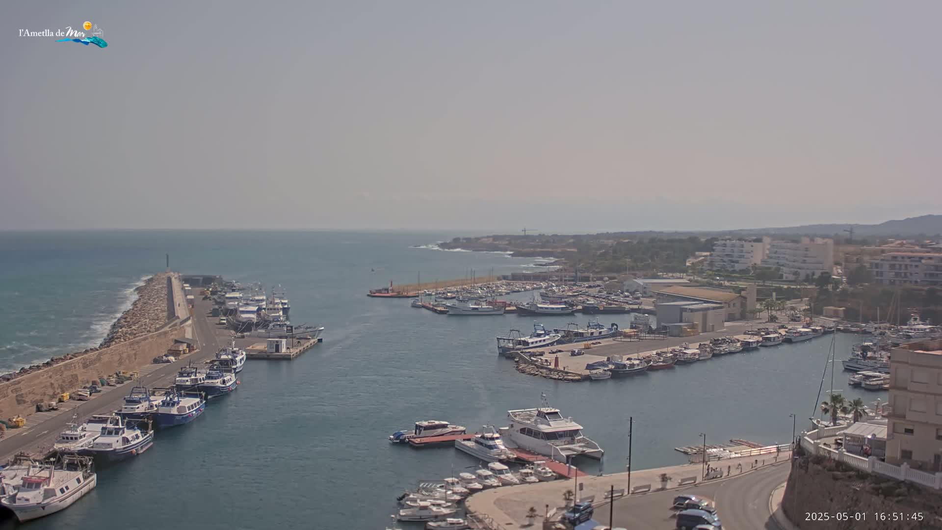 A harbor filled with numerous boats and ships under a hazy sky is seen from an elevated vantage point.